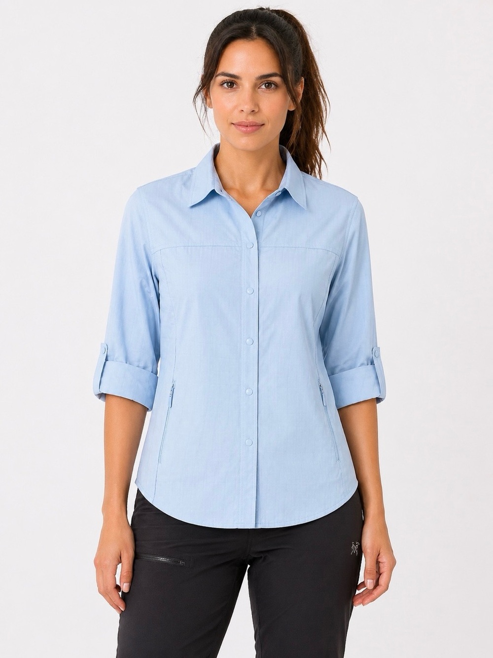 Patagonia Women’s Snap Front Long Sleeve Hiking Shirt Light Blue Outdoor 14